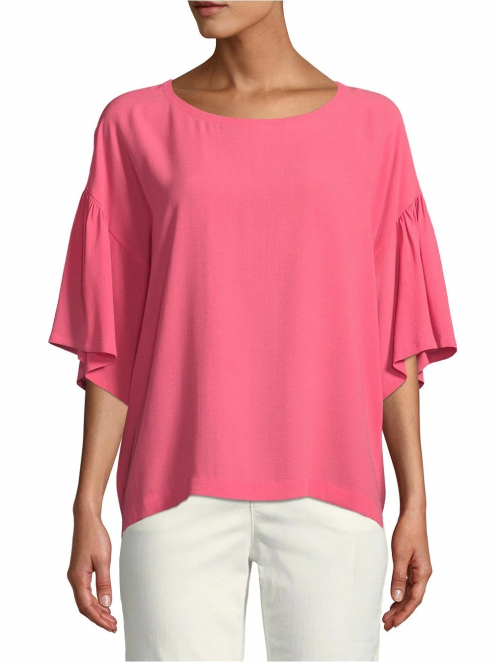 Eileen Fisher Scoop Neck flared flutter sleeves 100% Silk Pink Top SZ PS Chic
